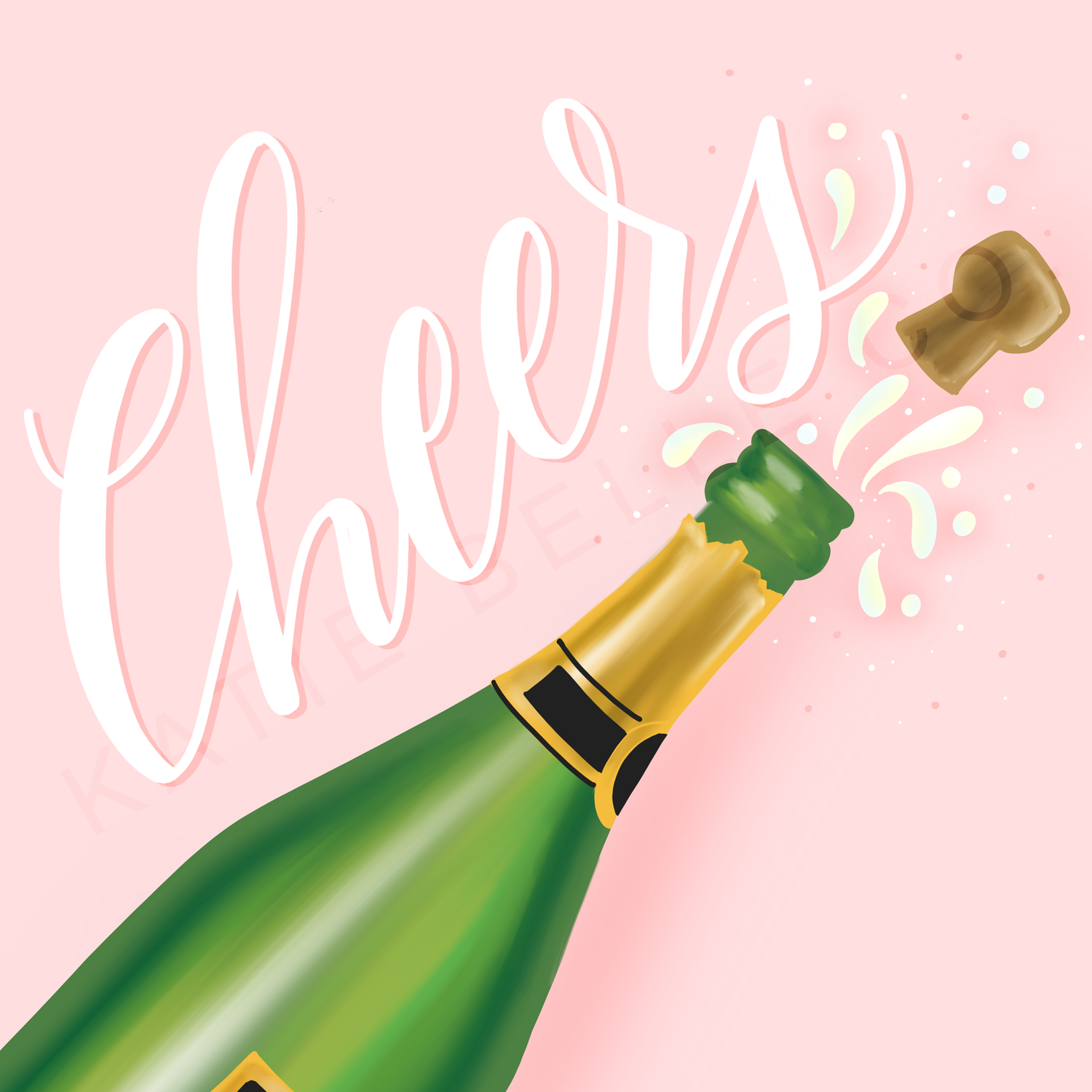 Cheers, cheers greeting card, celebration greeting card, popping champagne bottle. katie belle co. wedding celebration. wedding congrats. new job card. congratulations greeting card. champagne bubbles. flying cork. green champagne bottle. classic champagne. 