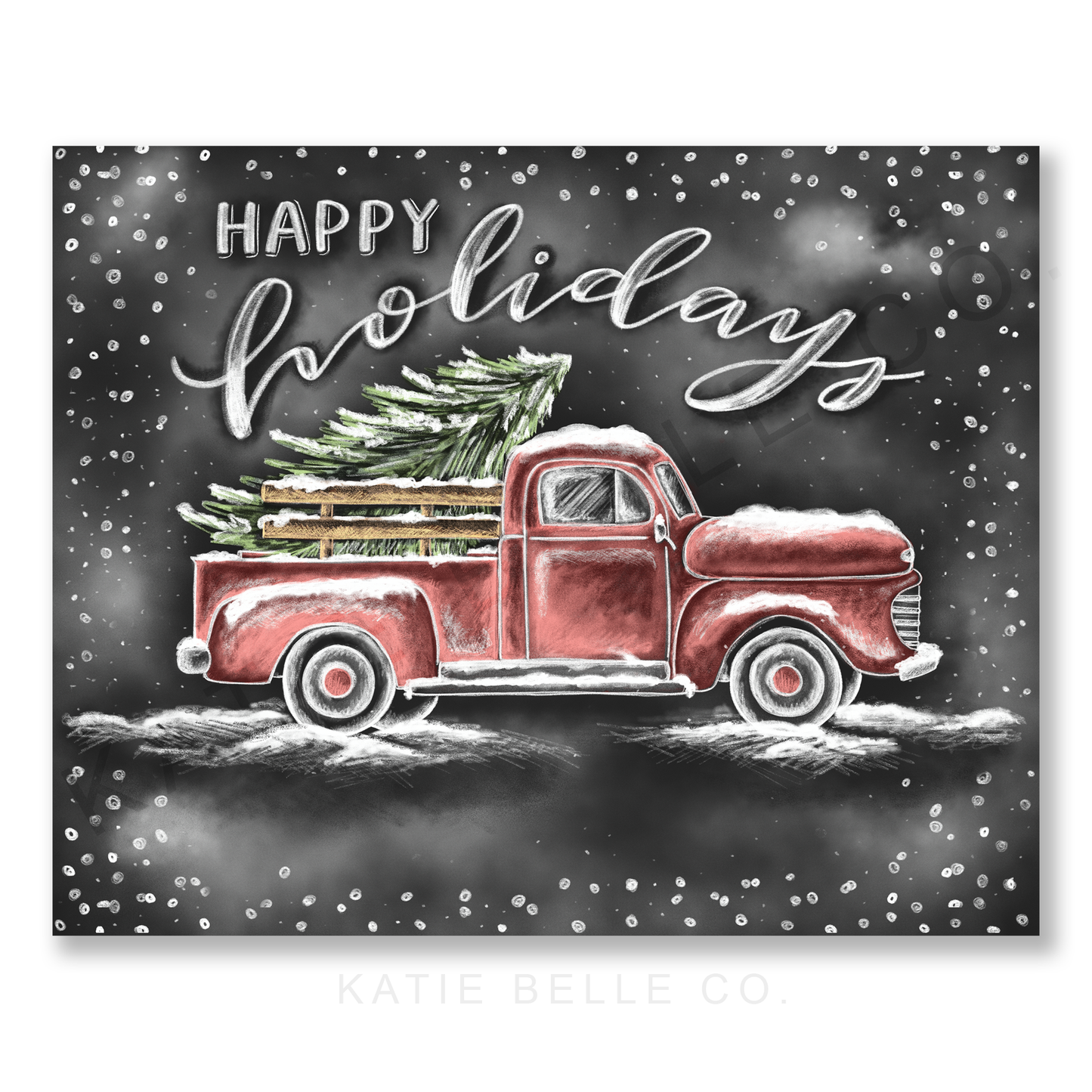 Snowy Holiday Truck. Vintage Red Truck. Happy Holidays. Chalkboard Art. Katie Belle Co. Christmas Decor. Christmas Artwork. Holiday Home Decor. Christmas Tree. Seasonal Artwork