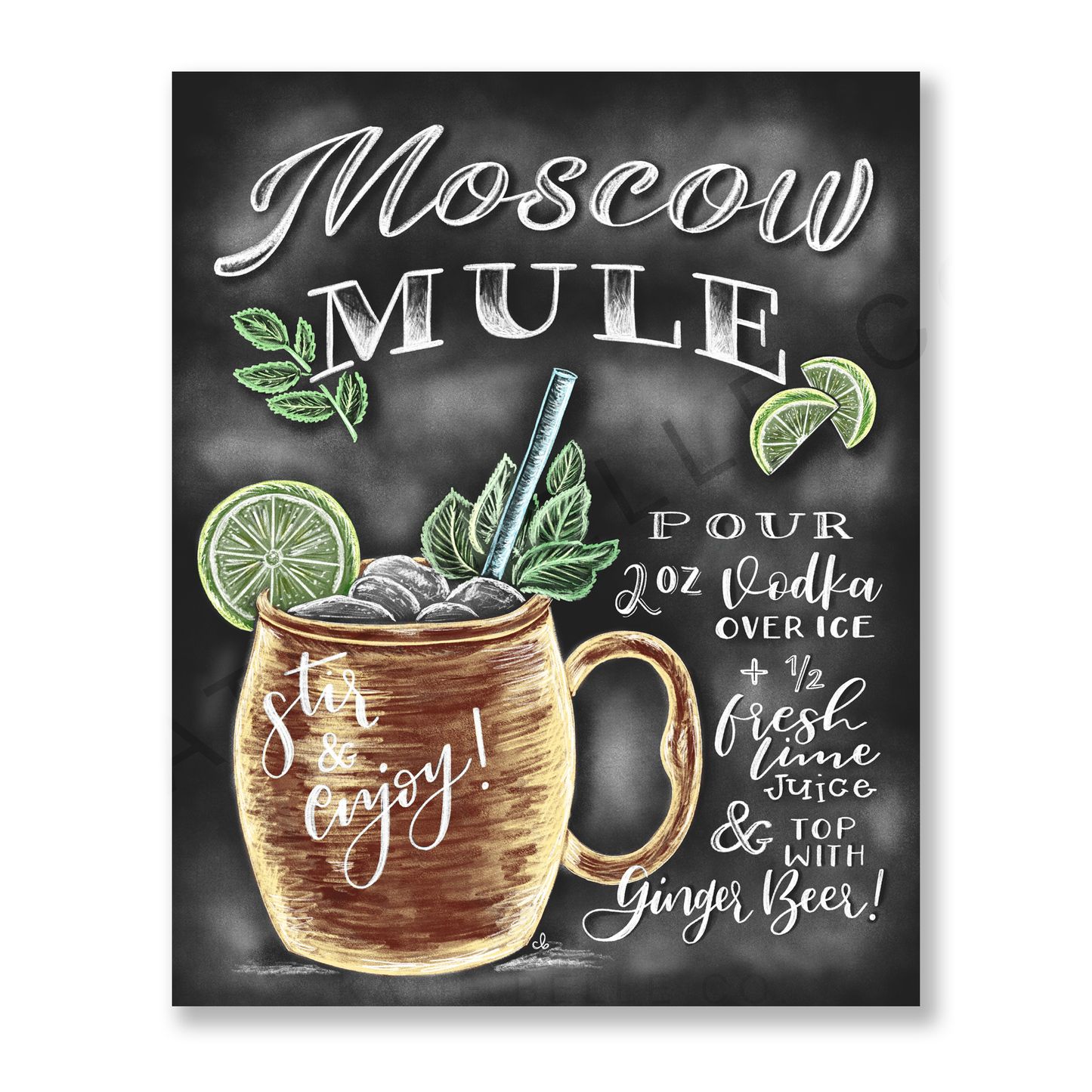 Moscow Mule. Moscow Mule Recipe. Chalk Art. Chalkboard Print. Stir and enjoy. limes. mint leaves. copper mug. ginger beer. 8 x 10 print. 5 x 7 print. unframed art. Heavy matte paper. Vibrant colors. 