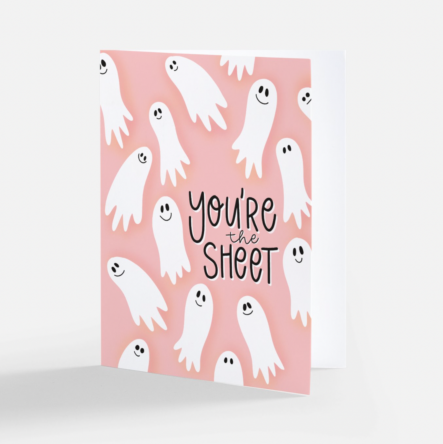 Halloween greeting card. snarky greeting card. Pun greeting card. Fall greeting card. You're the sheet. Floating ghosts. smile faces. Pink note card. Friendship card. Spooky season greeting card. a2 size. envelope included. Made by Katie Belle Co. 