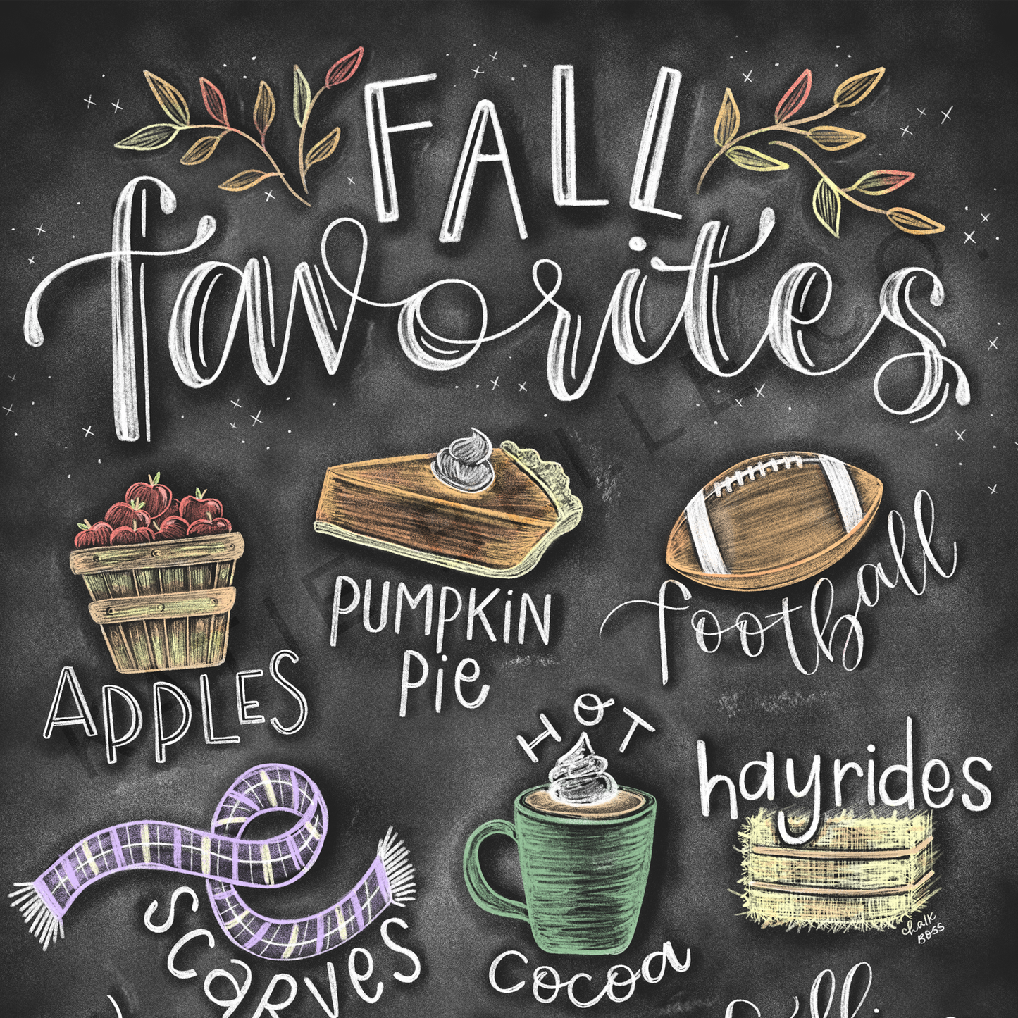 Fall favorites chalkboard print. Fall favorites hand lettered tittle. Fall doodles including apple, pumpkin pie, football, scarves, hot cocoa. hayrides, cozy socks, pumpkins, falling leaves. Fall decor. Chalk Art. Frame not included. Hand drawn by Katie Belle Co.  Fall colors. Autumn decor. Fall decor