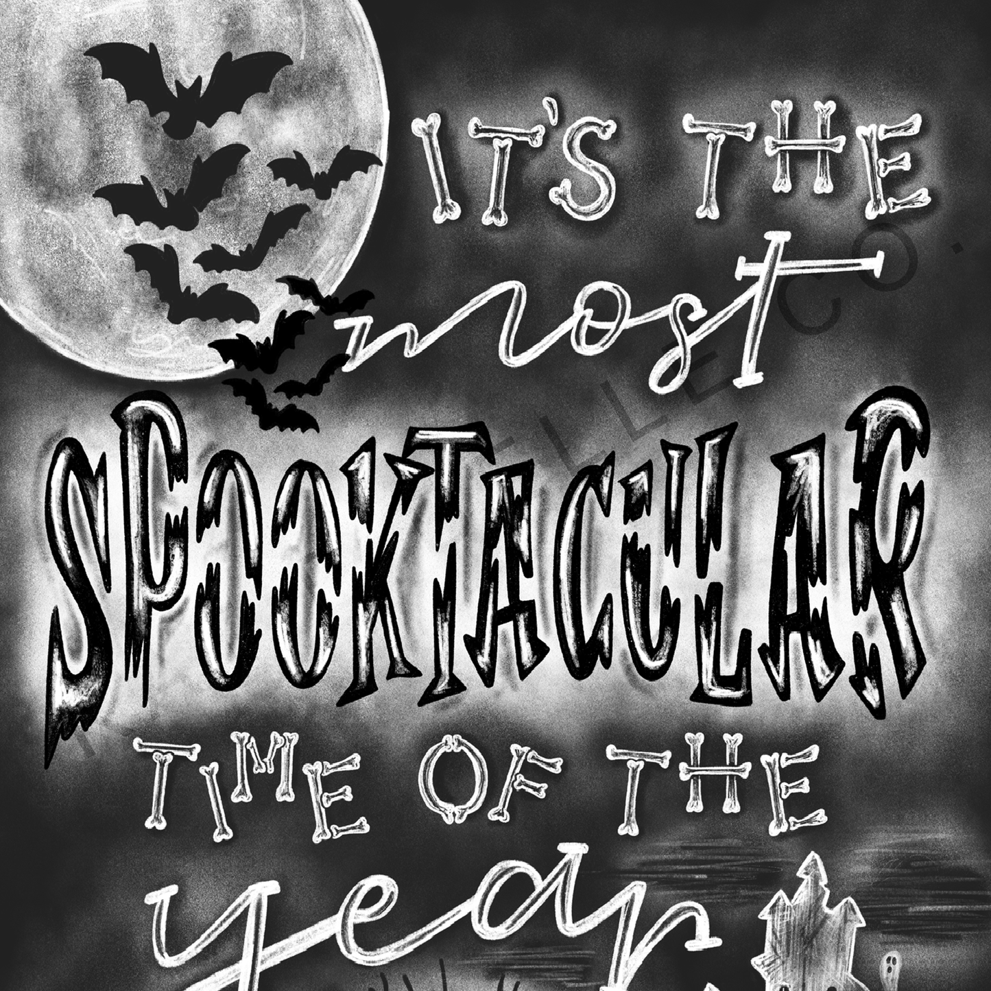 Dare yourself to step into the spooky season with this Spooktacular Halloween Chalkboard Print. Get inspired with haunted houses, bats, graveyards and a full moon - it's the perfect way to bring a unique touch of Halloween flair to your home! Bats. full moon. haunted house. graveyard. chalk art. katie belle co. 