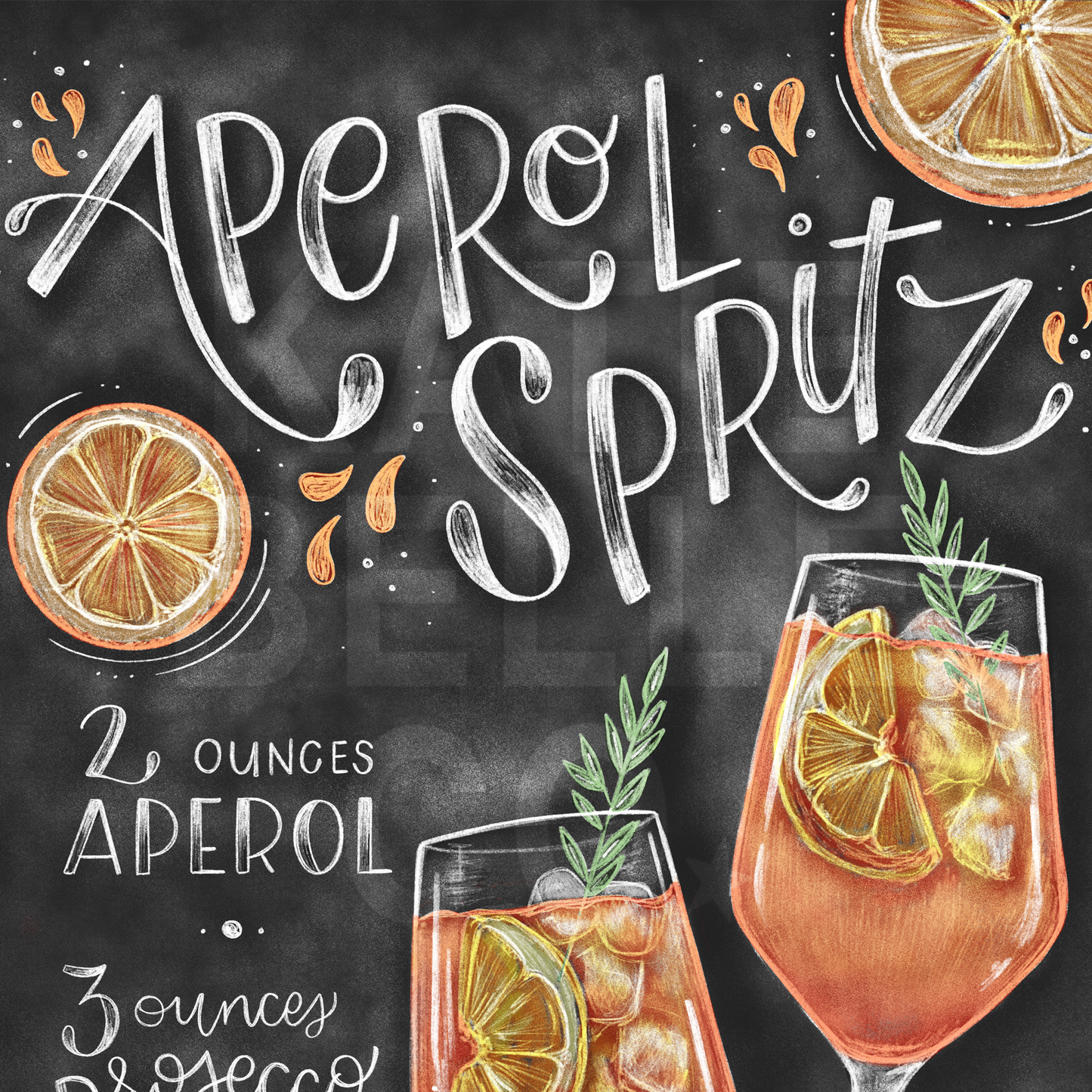 Aperol Spritz. Aperol Spritz recipe. Chalkboard art. Katie belle co. Chalk art. Cocktail artwork. Orange slices. italy artwork. Italian Cocktail. Recipe artwork. Chalkboard sign