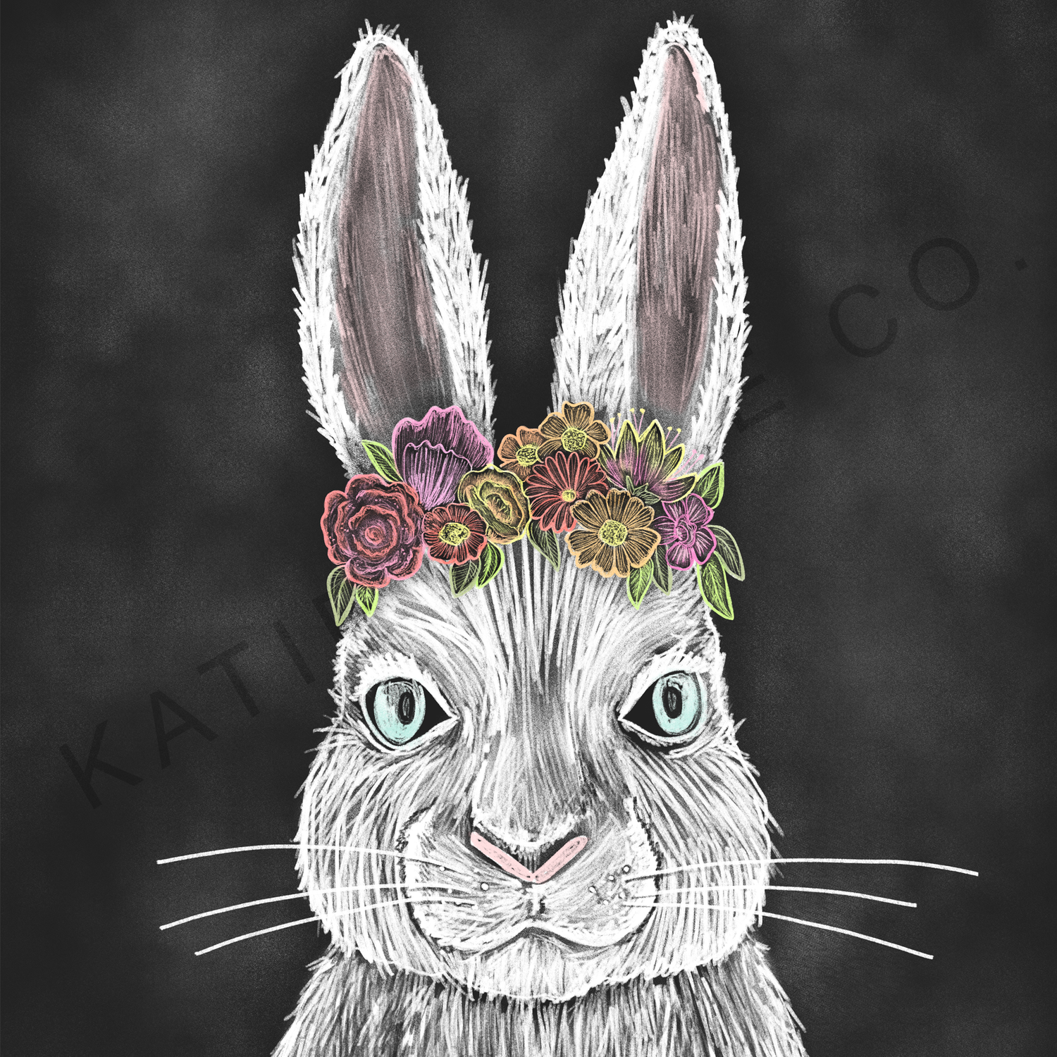 White rabbit. Flower crown. easter bunny. easter rabbit. easter basket gift. Rabbit whiskers. Floral flower crown. Spring decor. Spring flowers. Bunny. Katie Belle Co. Hand drawn. Chalk art. Chalkboard print. 