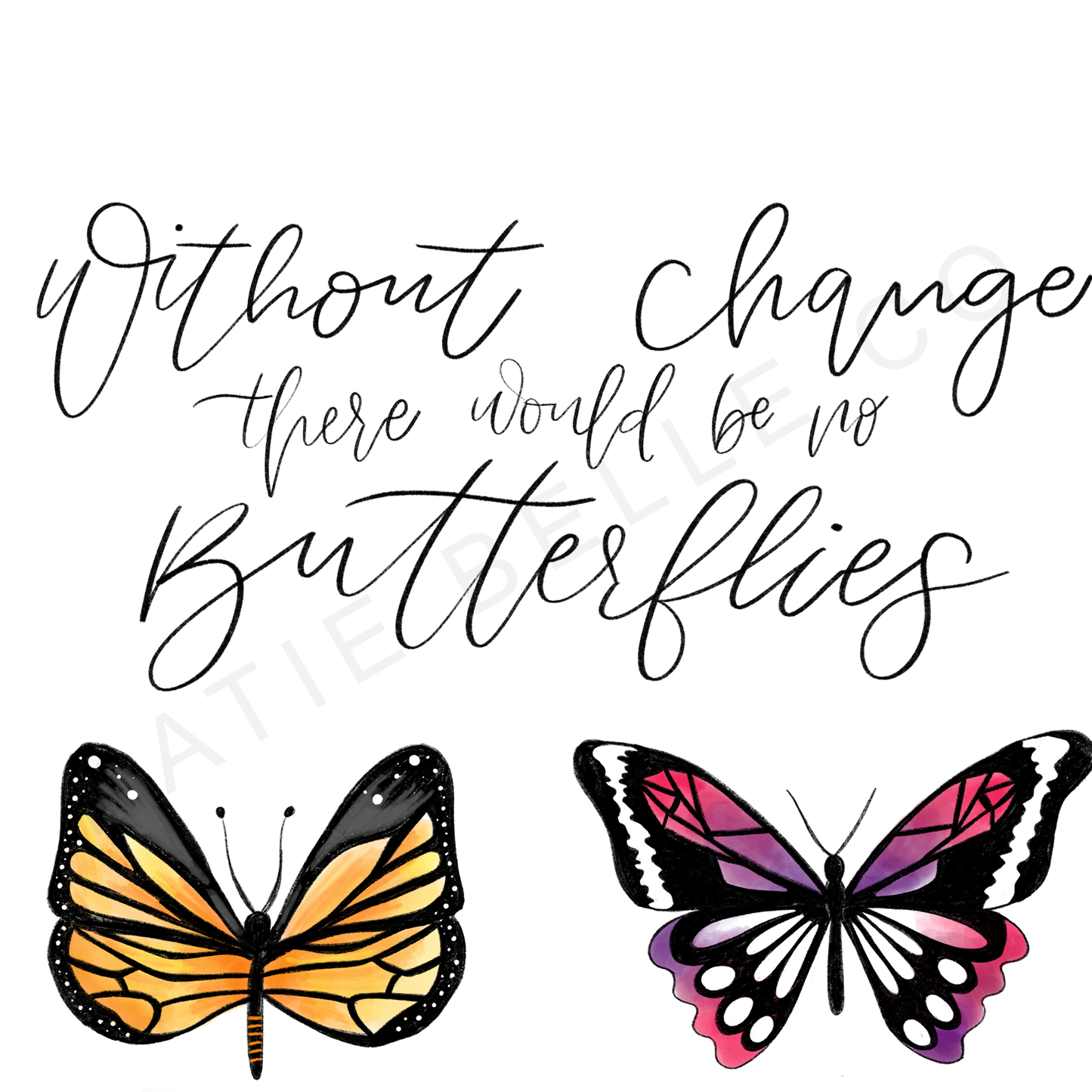 Monarch butterflies. Uplifting quote. motivational art. motivational positive quote. without change there would be no butterflies. katie belle co. spring decor. Mother's day gift. Easter gift. Hand drawn illustration. 