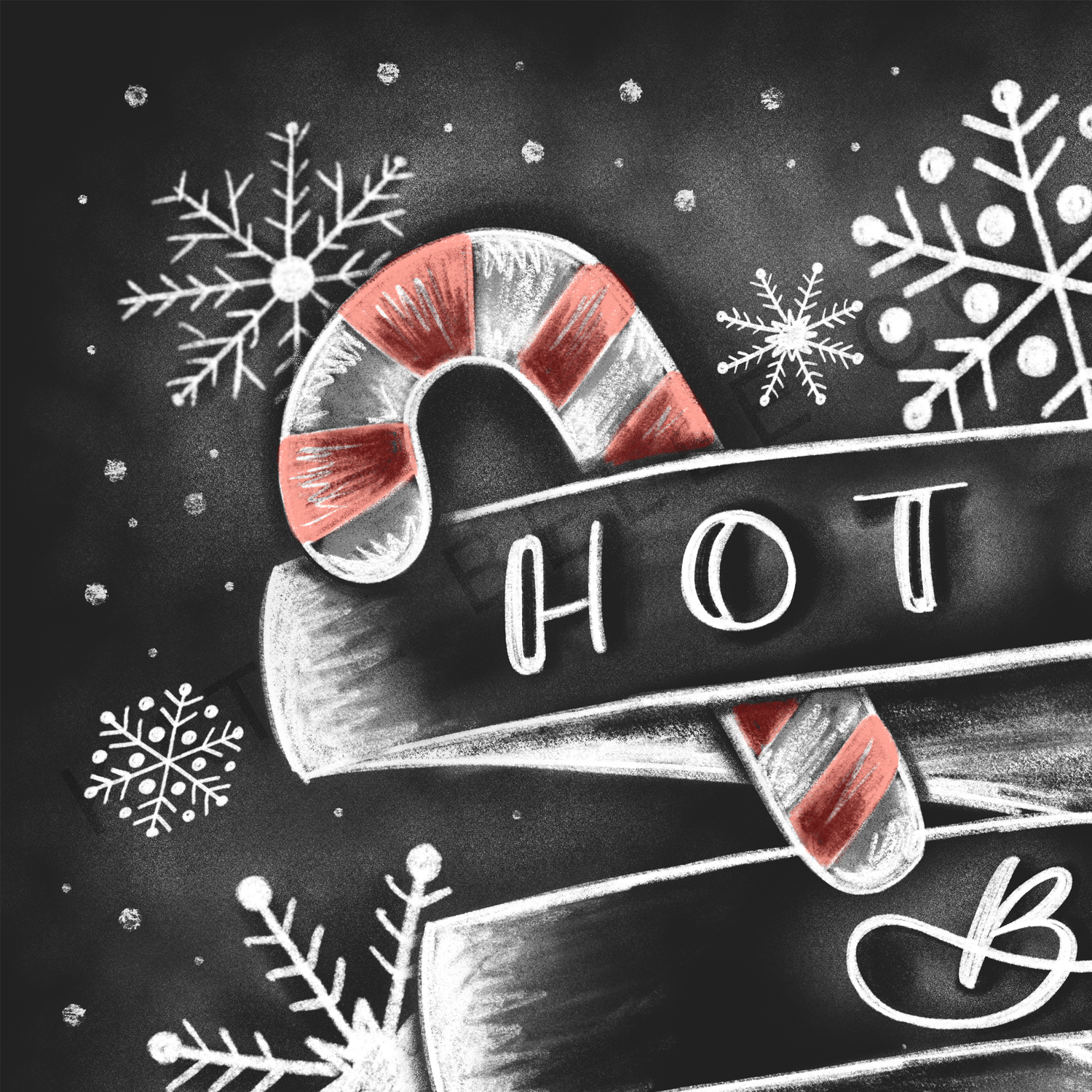 hot cocoa bar. hot cocoa. favorite festive goodies. Red holiday mug. snowflakes. Candy canes. marshmallows. best seller. cup of cheer. holidays. christmas. Experience the holidays like never before with our Hot Cocoa Bar Chalkboard print! Perfect for a cup of cheer, it features all your favorite festive goodies - from red holiday mugs and snowflakes to candy canes and marshmallows. Get ready for your best Christmas yet with our best seller! Katie Belle Co.