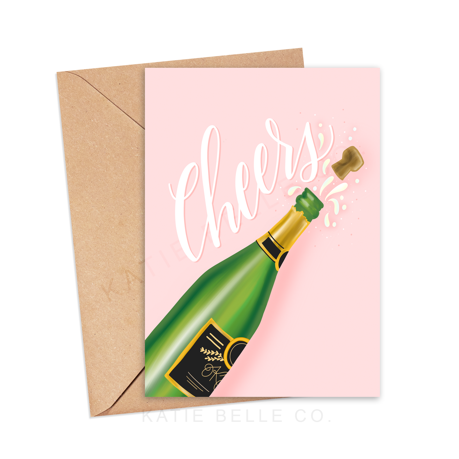 Cheers, cheers greeting card, celebration greeting card, popping champagne bottle. katie belle co. wedding celebration. wedding congrats. new job card. congratulations greeting card. champagne bubbles. flying cork. green champagne bottle. classic champagne. 