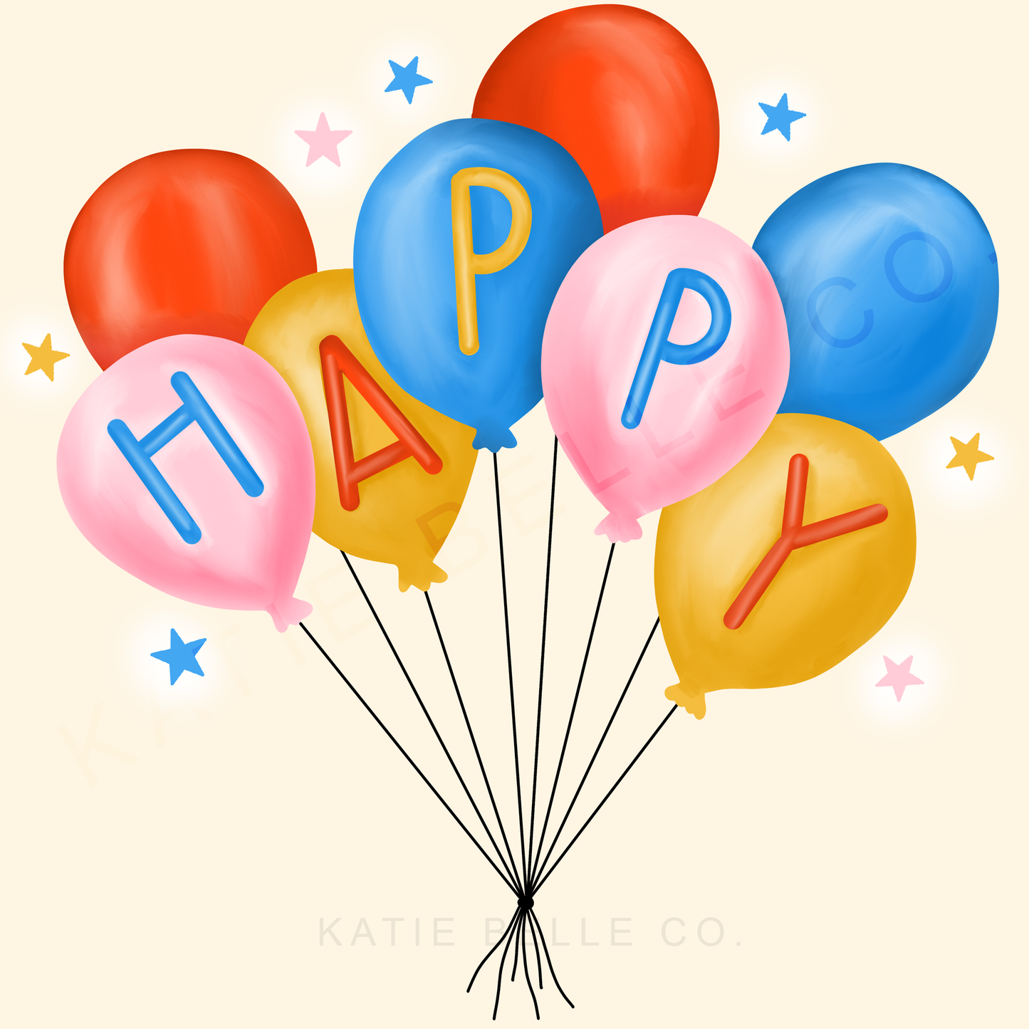 Happy Birthday Greeting Card. Happy Birthday Balloons . Happy Birthday Handmade card. Modern Birthday Card. Katie Belle Co. Birthday card for her. Unique Birthday card. Blank greeting card. Happy Birthday Gifts.