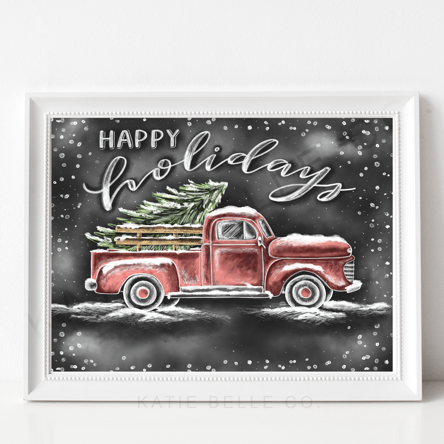 Snowy Holiday Truck. Vintage Red Truck. Happy Holidays. Chalkboard Art. Katie Belle Co. Christmas Decor. Christmas Artwork. Holiday Home Decor.