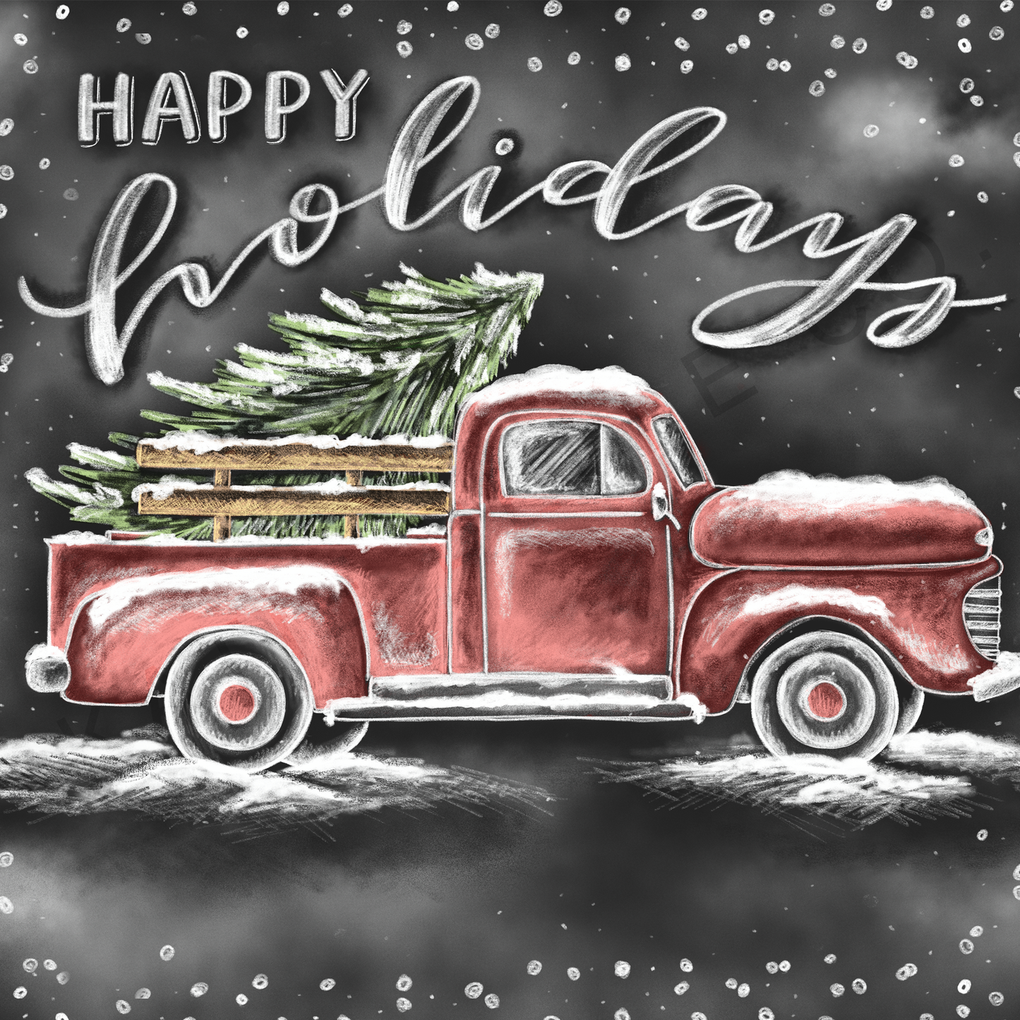 Snowy Holiday Truck. Vintage Red Truck. Happy Holidays. Chalkboard Art. Katie Belle Co. Christmas Decor. Christmas Artwork. Holiday Home Decor. Christmas Tree. Seasonal Artwork
