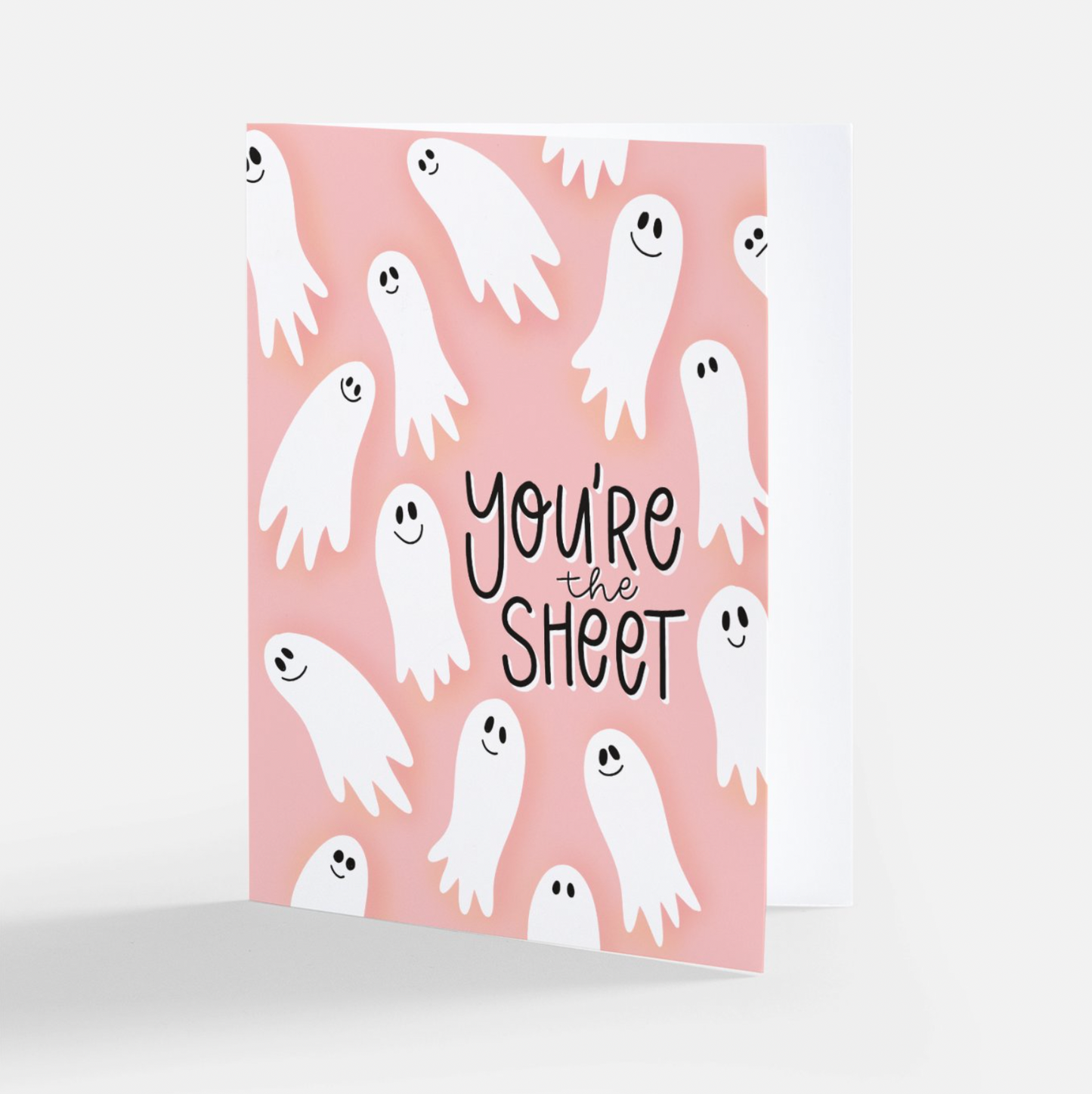 Halloween greeting card. snarky greeting card. Pun greeting card. Fall greeting card. You're the sheet. Floating ghosts. smile faces. Pink note card. Friendship card. Spooky season greeting card. a2 size. envelope included. Made by Katie Belle Co. 