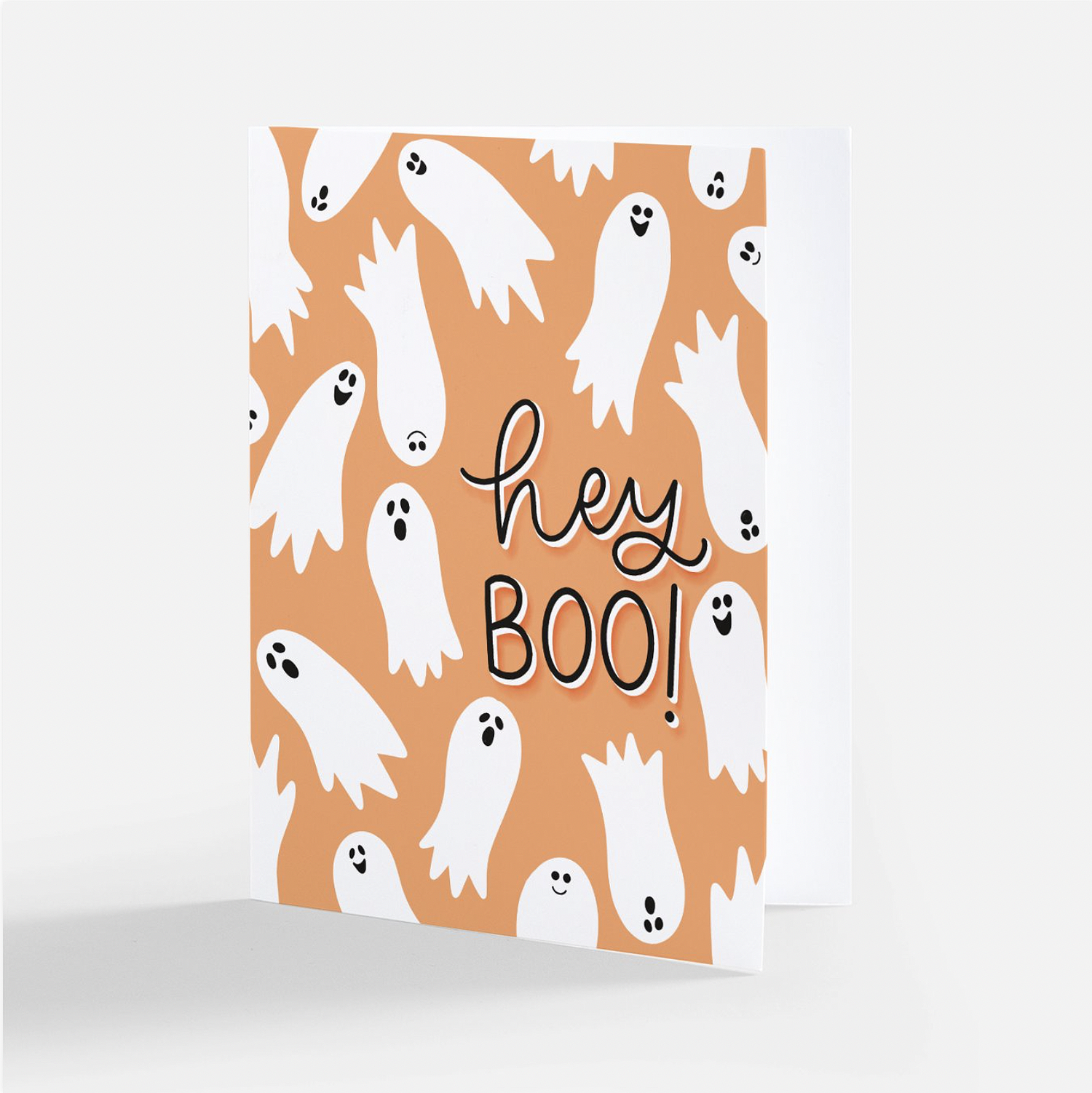 hey boo. greeting card. smiling ghost. floating ghost. Halloween greeting card. Best friend card. spooky season. fall greeting card. Blank inside. A2 size. envelope include. hand drawn. illustration. made by katie belle co. 