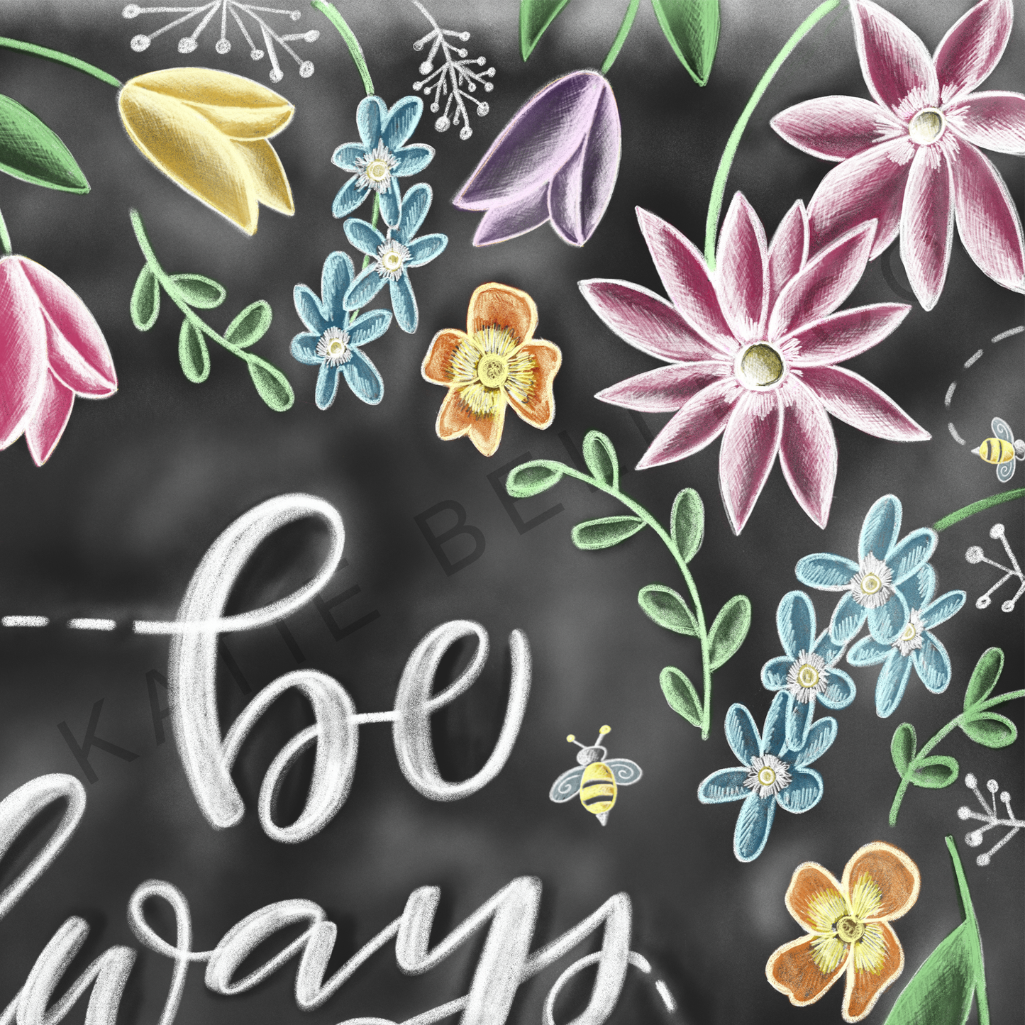 Be always blooming. Chalkboard print. Chalk Art. Bright spring flowers. Bees buzzing. Inspirational art. Spring Decor. Easter Decor. Easter gift. Spring Artwork. Hand drawn illustration. flowers surrounding text. Katie Belle Co. 