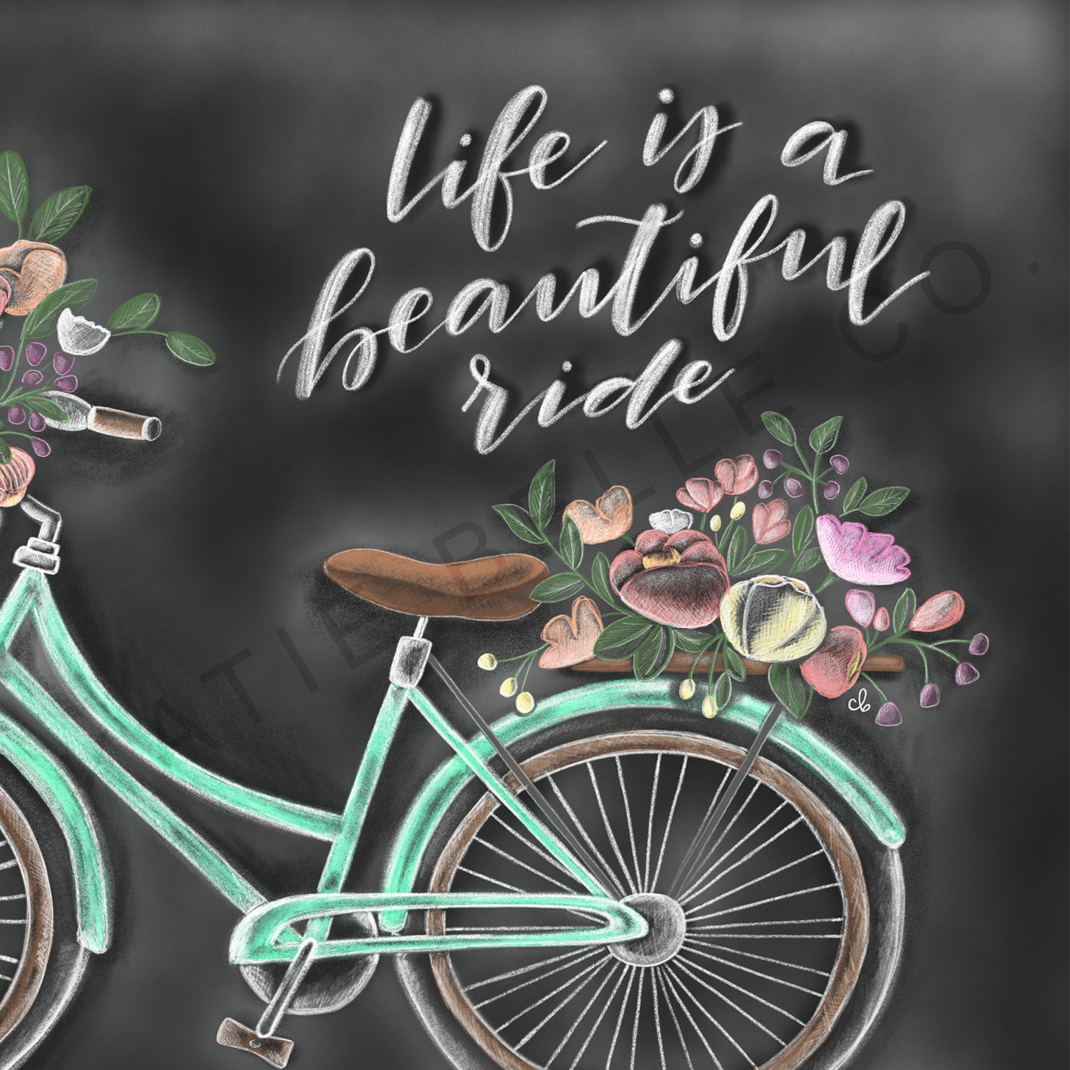 life is a beautiful ride. bicycle with flower baskets. blue bicycle. enjoy the ride. spring decor. spring art. chalk art. chalkboard print. bicycle artwork. 8x10 print. unframed art. 