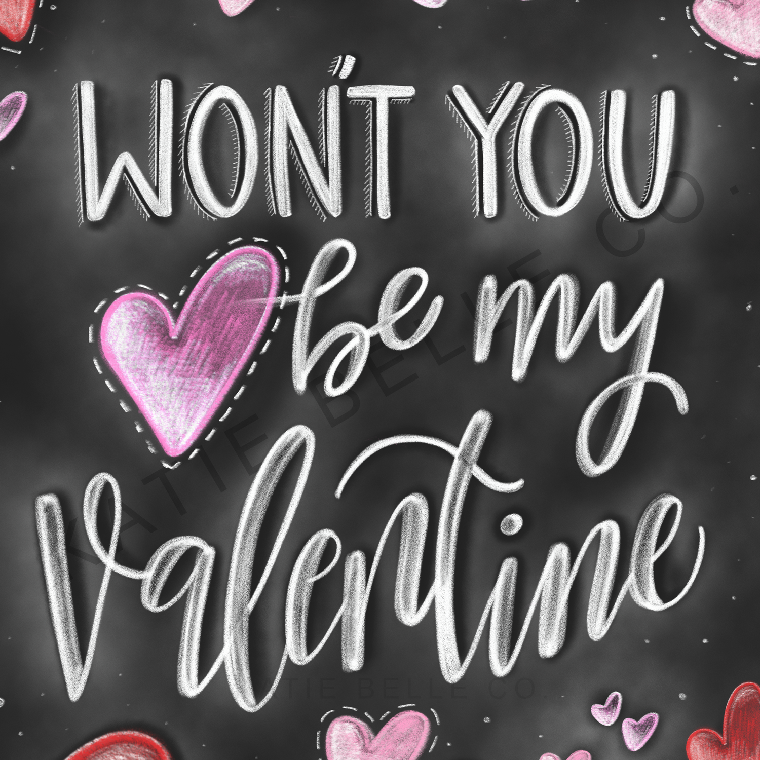 Wont you be my valentine. valentines day art. valentines day decor. Valentines day gifts. Red hearts. Pink hearts. Chalkboard Print. Chalk Art. 8 x 10 print. 5 x7 print. frame not included. katie belle co. 