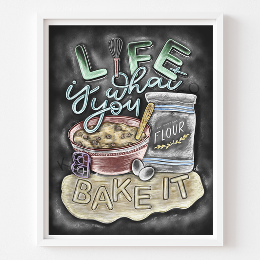 bakers. bakers art. cookie dough. eggs. rolling pin. flour bag. whisk. cookie cutter. baking. Discover a world of delicious possibilities with our unique LIFE IS WHAT YOU BAKE IT CHALKBOARD PRINT! From the whimsical bakers to the artful cookie dough and eggs, this mesmerizing print has it all! Roll out the fun with the rolling pin and flour bag, stir up excitement with the whisk and cookie cutter, and remember that baking is all about love. Katie Belle Co.