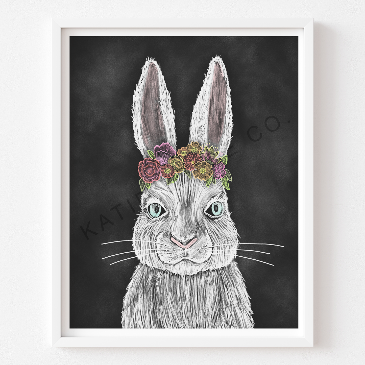 White rabbit. Flower crown. easter bunny. easter rabbit. easter basket gift. Rabbit whiskers. Floral flower crown. Spring decor. Spring flowers. Bunny. Katie Belle Co. Hand drawn. Chalk art. Chalkboard print. 