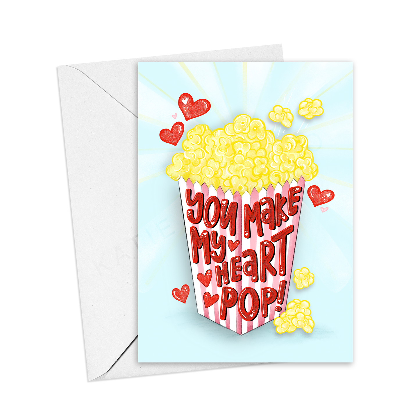 you make my heart pop. Popcorn card. greeting card. red floating hearts. popcorn bag. pink stripes. anniversary card. love greeting card. Valentine's day card. Popcorn lover gift. Katie Belle Co. 