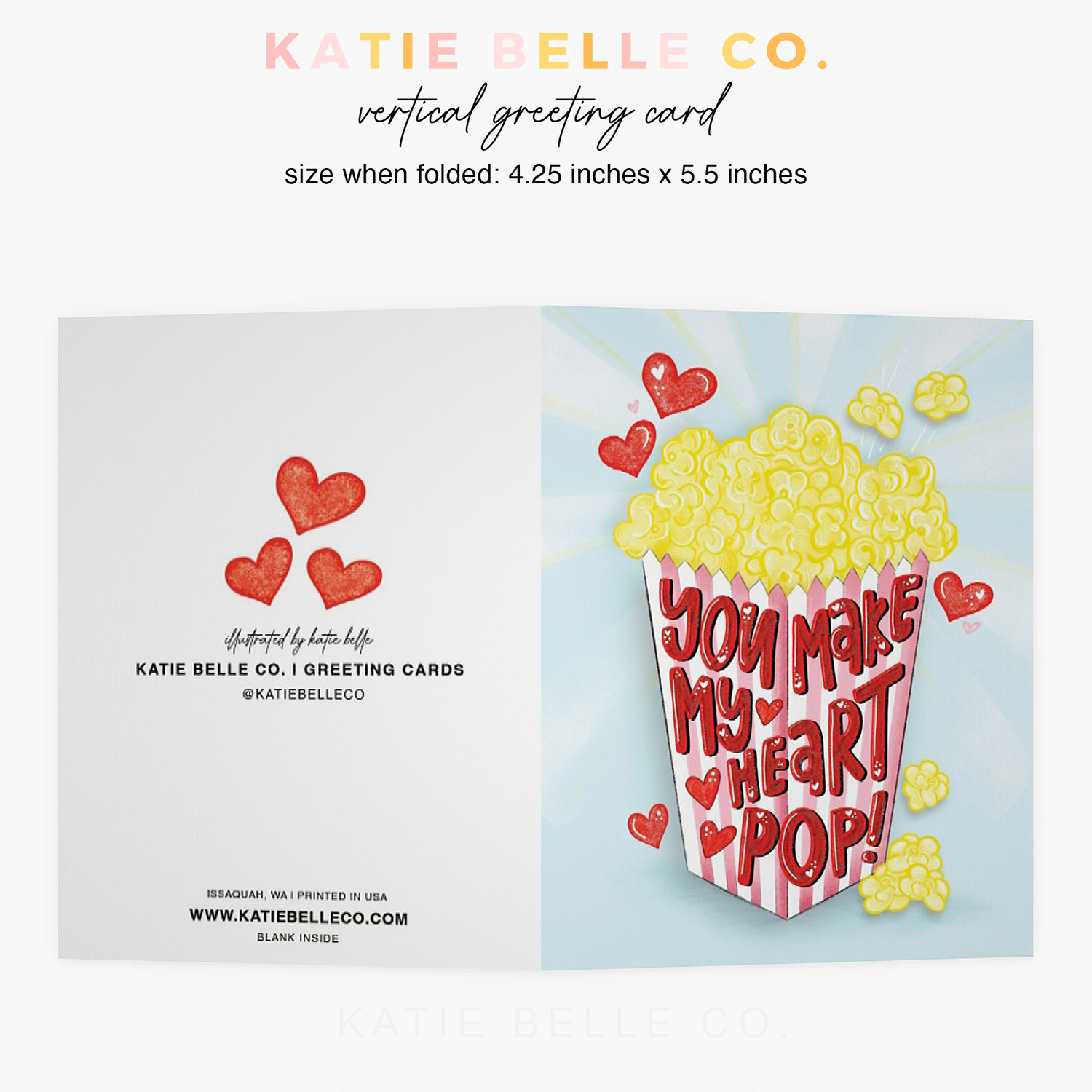 you make my heart pop. Popcorn card. greeting card. red floating hearts. popcorn bag. pink stripes. anniversary card. love greeting card. Valentine's day card. Popcorn lover gift. Katie Belle Co. Vertical greeting Card. A2 size. 