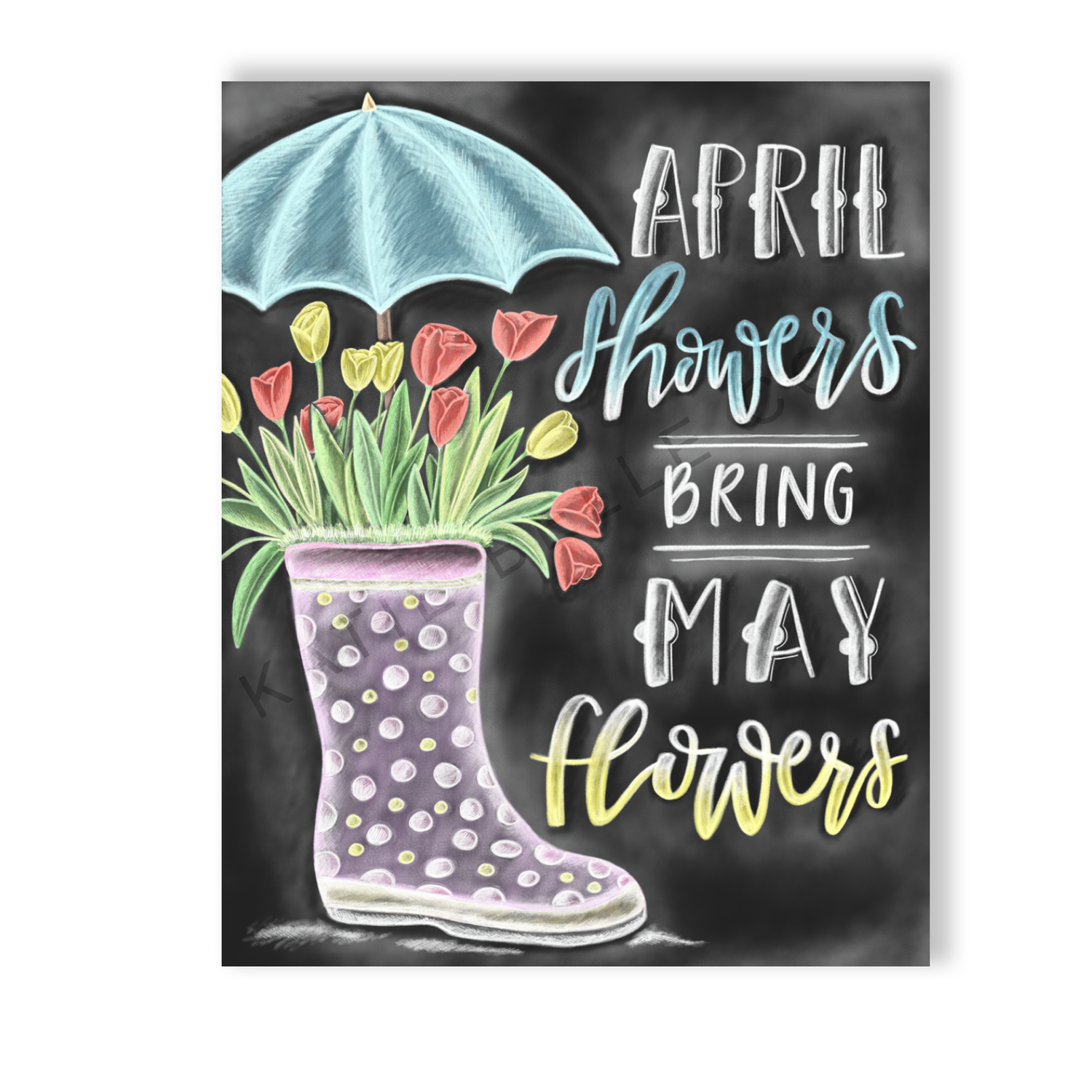 april showers bring may flowers. easter gift. easter decor. easter basket. spring decor. spring artwork. mothers day gifts. katie belle co. tulips in boots. rain boots. Spring tulips. 