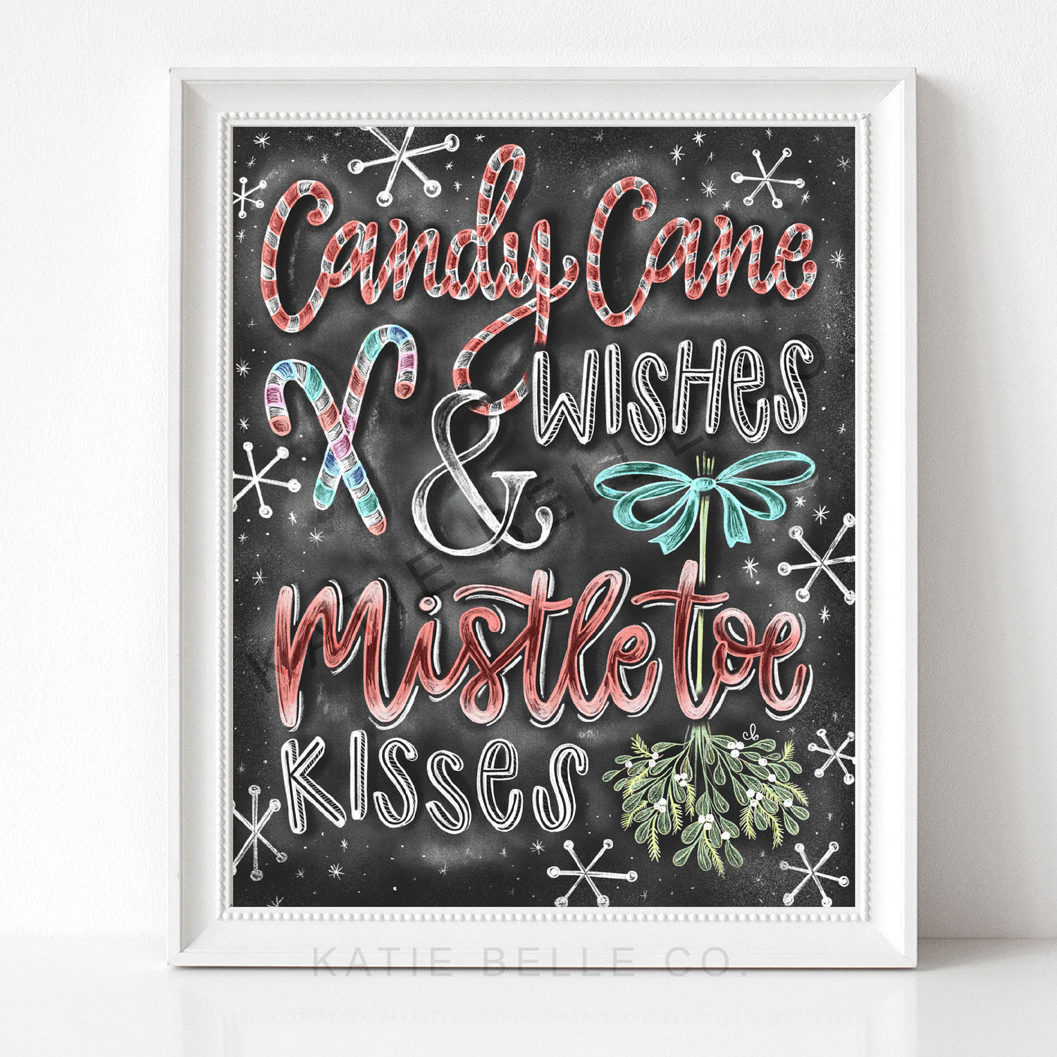 candy cane wishes and mistletoe kisses. mistletoe are. christmas art. christmas decor. christmas gathering. chalkboard print. chalk art. snowflake details. Candy cane font. Hand drawn illustration. katie belle co