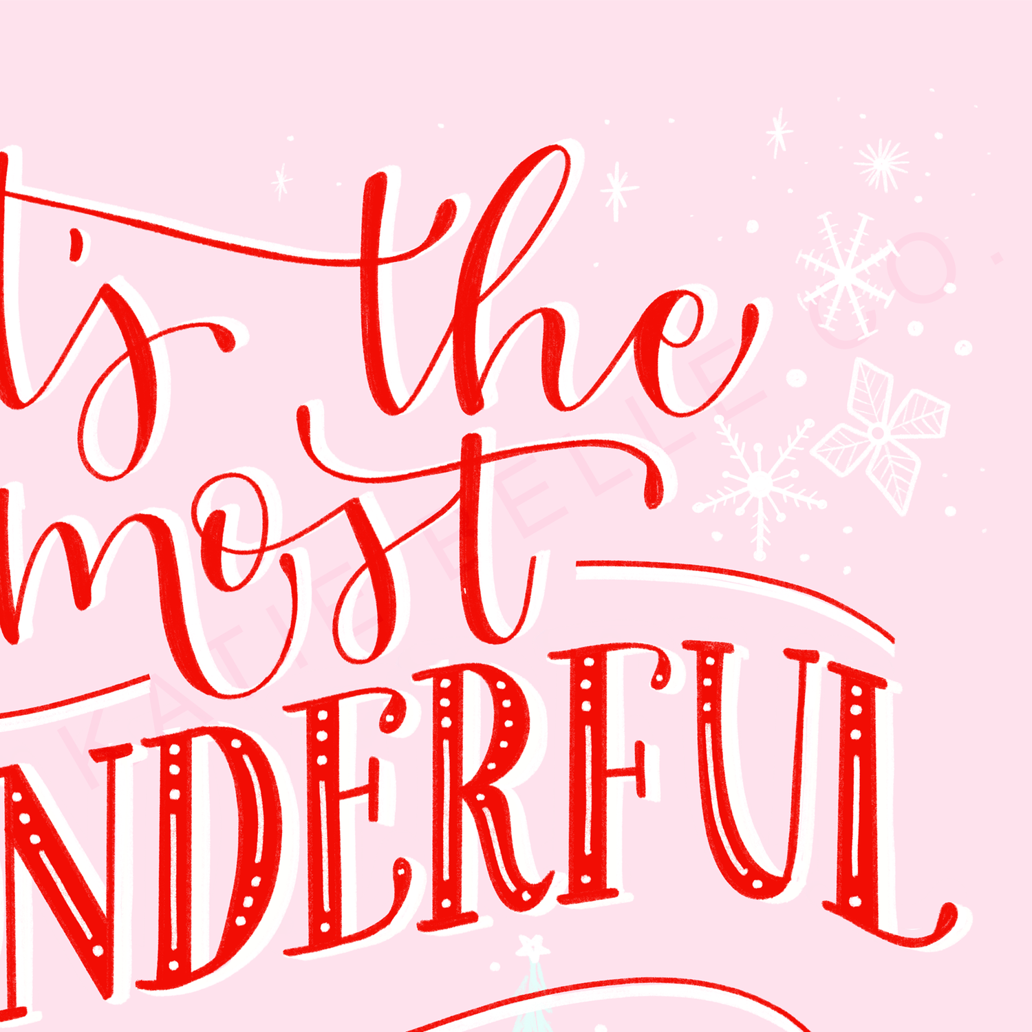 whimsical. pink. festive. christmas trees. snowflakes. red script font. christmas. holidays. holiday cheer. Our It's The Most Wonderful Time of the Year Art Print is a whimsical and festive addition to your holiday decor. Boasting charming pink hues and a delightful red script font, this piece will bring a touch of merry cheer to any room with its snowflakes, Christmas trees, and subtle holiday motifs. Unwrap some holiday magic this season with a classic touch. Katie belle co.