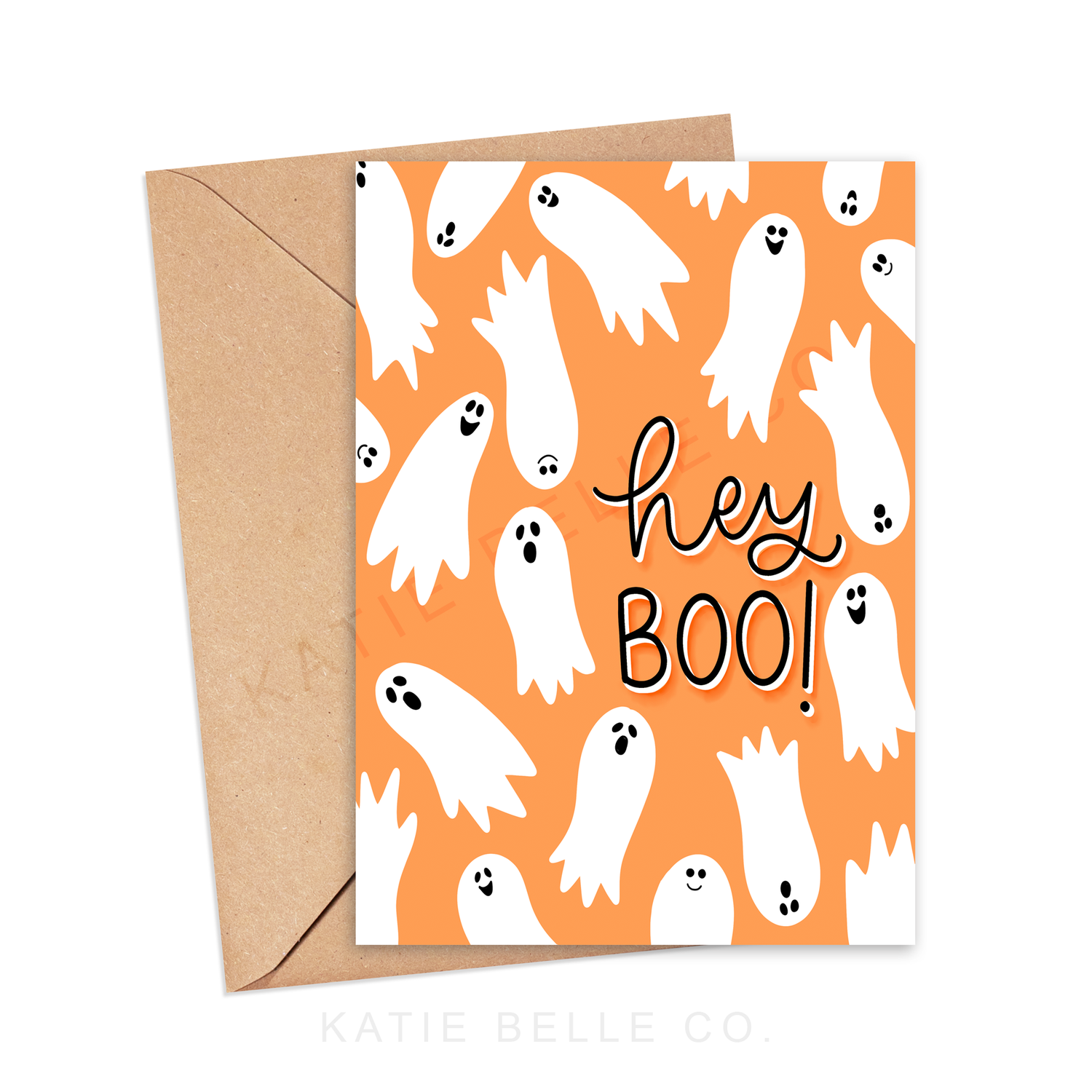 hey boo. greeting card. smiling ghost. floating ghost. Halloween greeting card. Best friend card. spooky season. fall greeting card. Blank inside. A2 size. envelope include. hand drawn. illustration. made by katie belle co. 