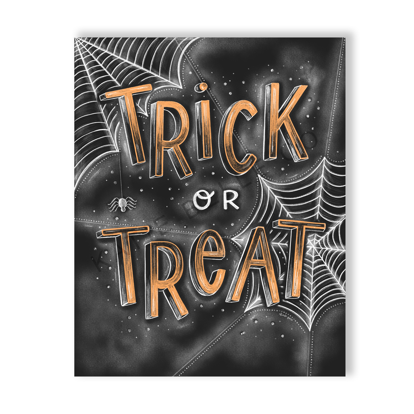 trick or treat. halloween art. halloween decor. halloween party decor. spider webs. katie belle co. Chalk art. Chalkboard print. fall decor. Spooky season. 