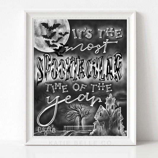 Dare yourself to step into the spooky season with this Spooktacular Halloween Chalkboard Print. Get inspired with haunted houses, bats, graveyards and a full moon - it's the perfect way to bring a unique touch of Halloween flair to your home! Bats. full moon. haunted house. graveyard. chalk art. katie belle co. 