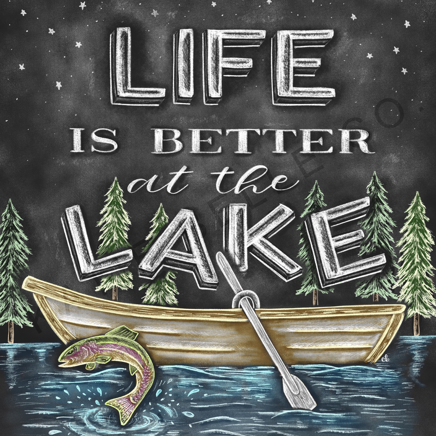 Life is better at the lake. row boat. jumping fish. fishing. lake life. lake cabin. lake getaway. summer art. summer. outdoor lover. starry summer sky. 8 x 10 print. unframed art. katie belle co. 