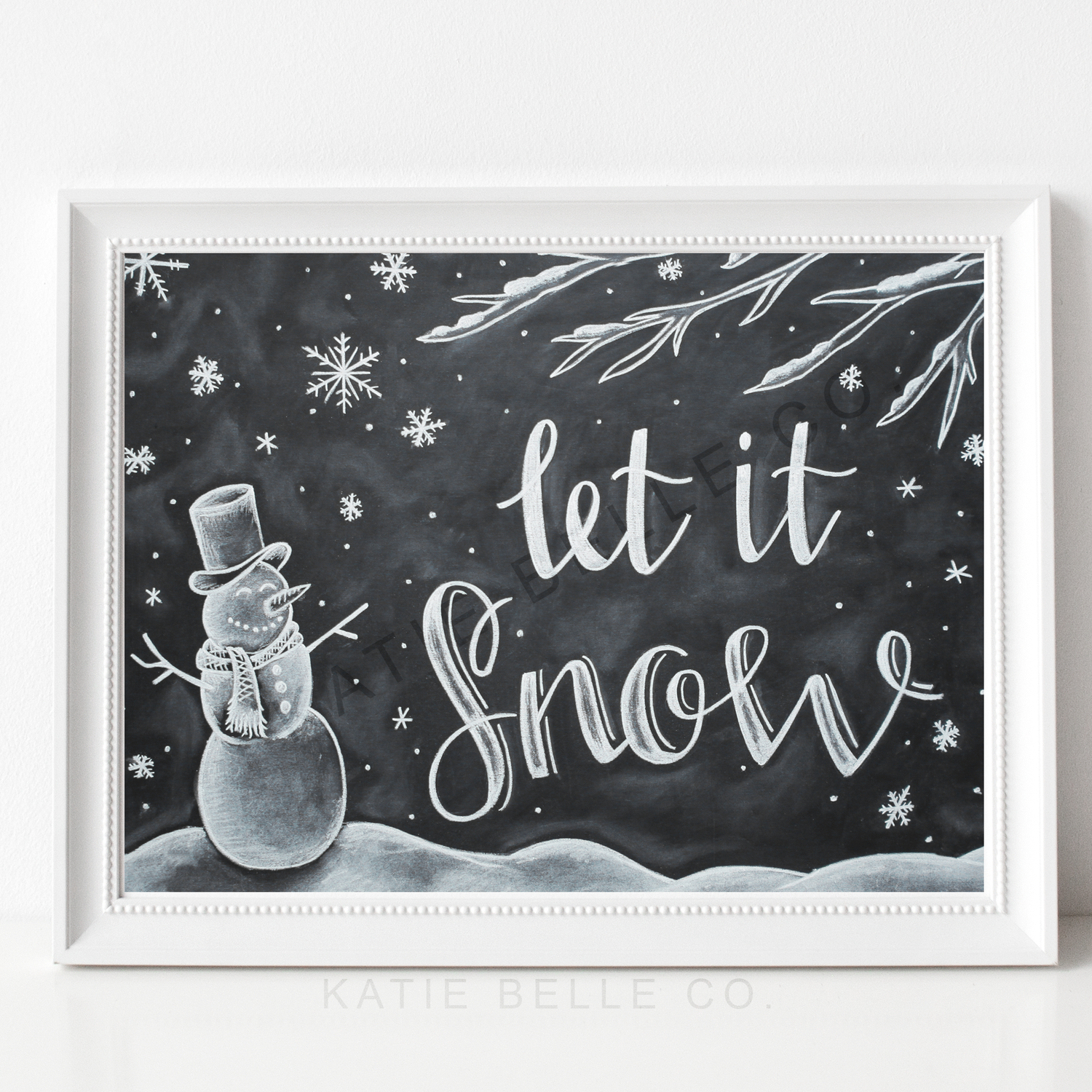 Let it Snow. Chalkboard Artwork. Chalkboard Print. Katie Belle Co. Snowman Art. Seasonal Decor. Christmas Decor. Christmas Artwork. Cozy Christmas Decor. Snow Artwork