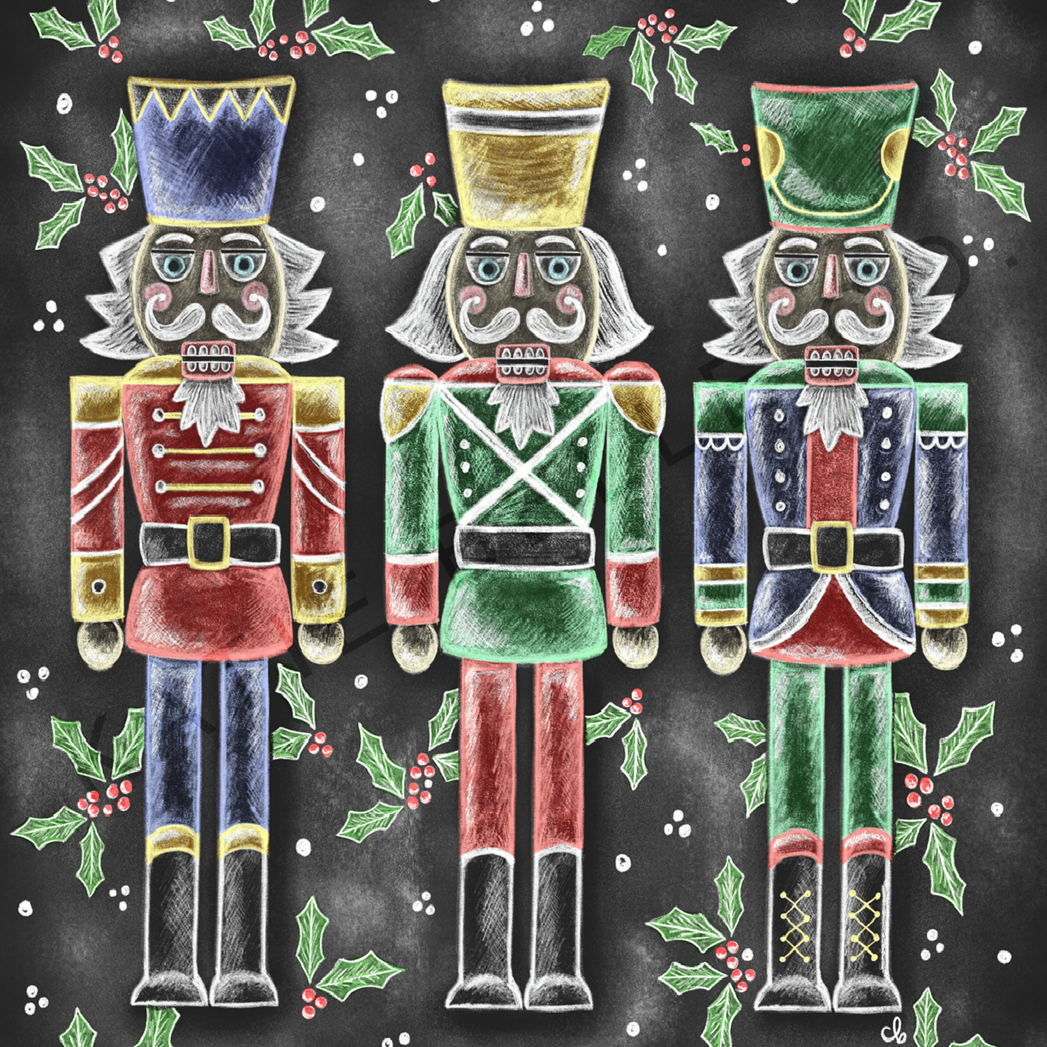 Merry Christmas. Merry Christmas Nutcrackers. 3 Nutcrackers. Holly leaves and berries accent. Christmas Decor. Holiday Decor. Holiday Art. Chalkboard Print. Chalk Art. Classic Christmas colors. 8 x 10 print. 5 x 7 print. unframed art. katie belle co