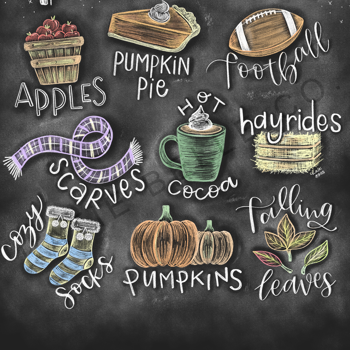 Fall favorites chalkboard print. Fall favorites hand lettered tittle. Fall doodles including apple, pumpkin pie, football, scarves, hot cocoa. hayrides, cozy socks, pumpkins, falling leaves. Fall decor. Chalk Art. Frame not included. Hand drawn by Katie Belle Co.  Fall colors. Autumn decor. Fall decor