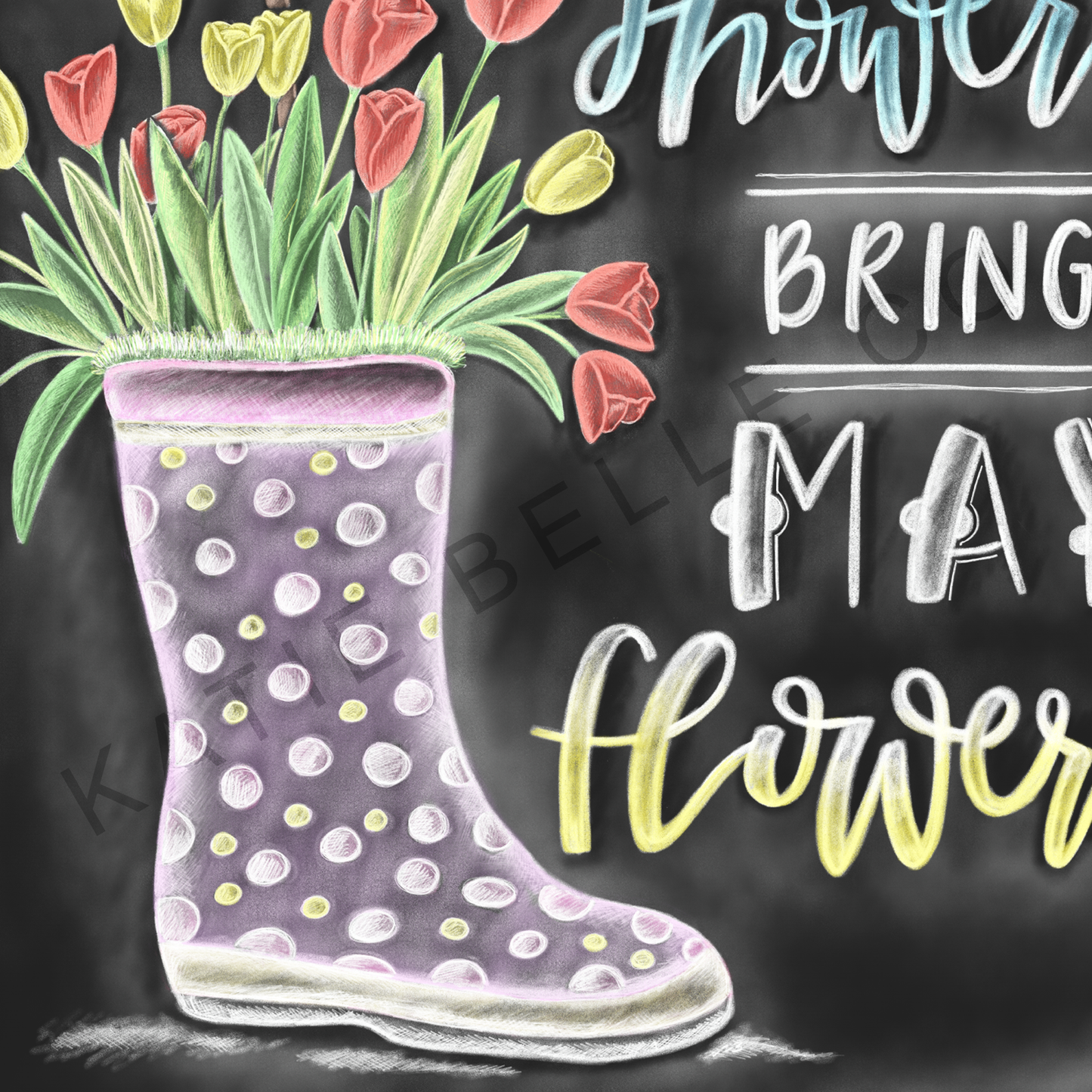 april showers bring may flowers. easter gift. easter decor. easter basket. spring decor. spring artwork. mothers day gifts. katie belle co. tulips in boots. rain boots. Spring tulips. 