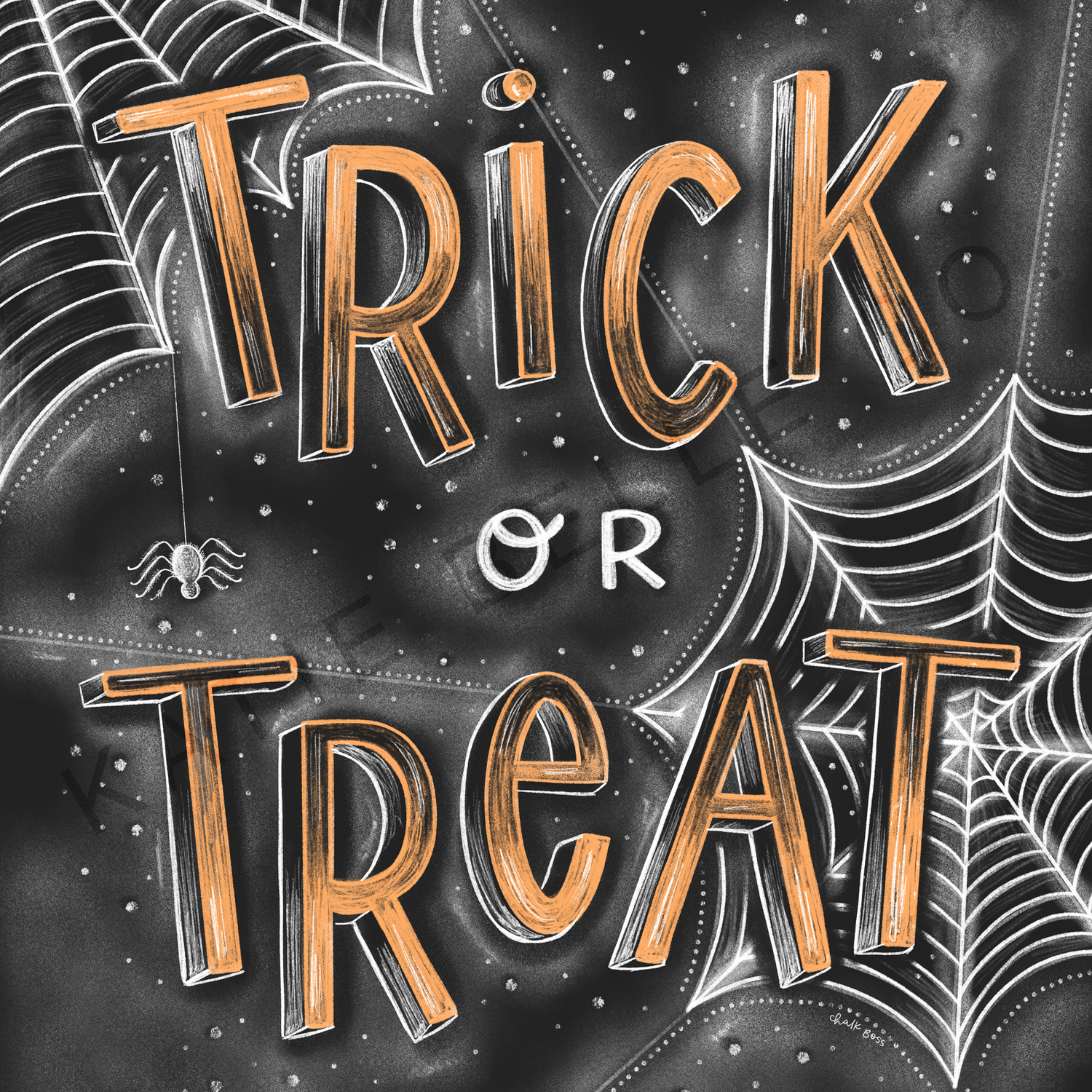 trick or treat. halloween art. halloween decor. halloween party decor. spider webs. katie belle co. Chalk art. Chalkboard print. fall decor. Spooky season. 